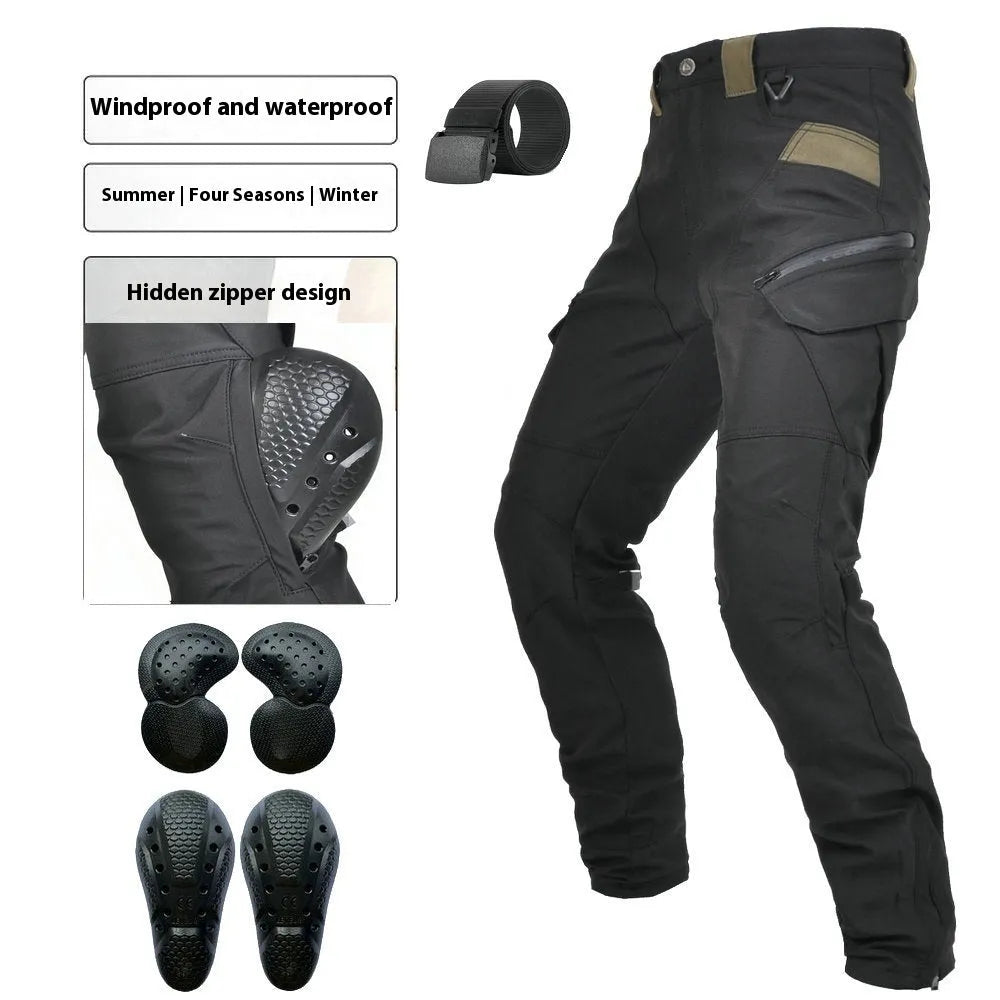 Men's waterproof black motorcycle cycling pants with detachable belt and protective knee pads on a mannequin.