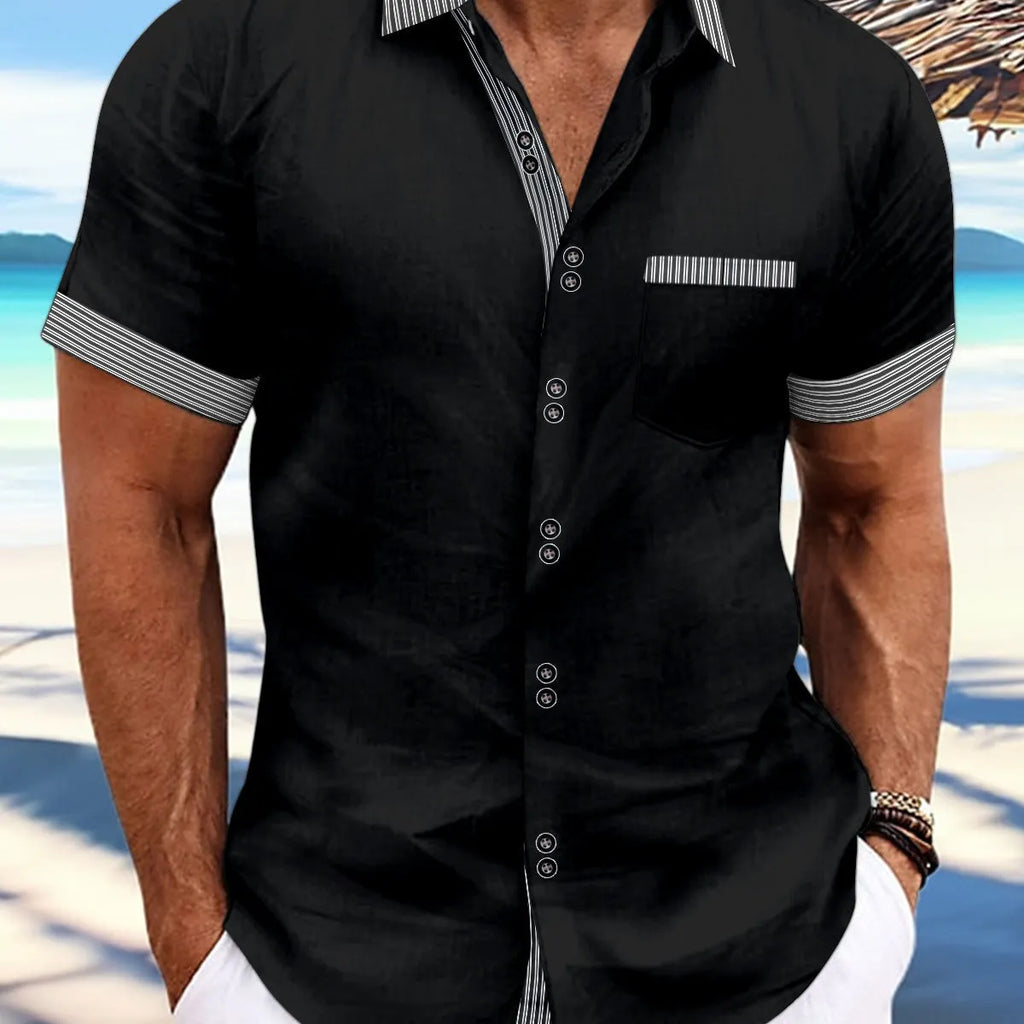 Men's slim fit pure cotton striped casual shirt with short sleeves and double button front