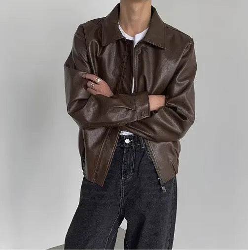 Korean-style brown PU leather jacket with straight hem, shown front view, available in sizes M to XXL