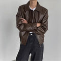 Korean-style brown PU leather jacket with straight hem, shown front view, available in sizes M to XXL