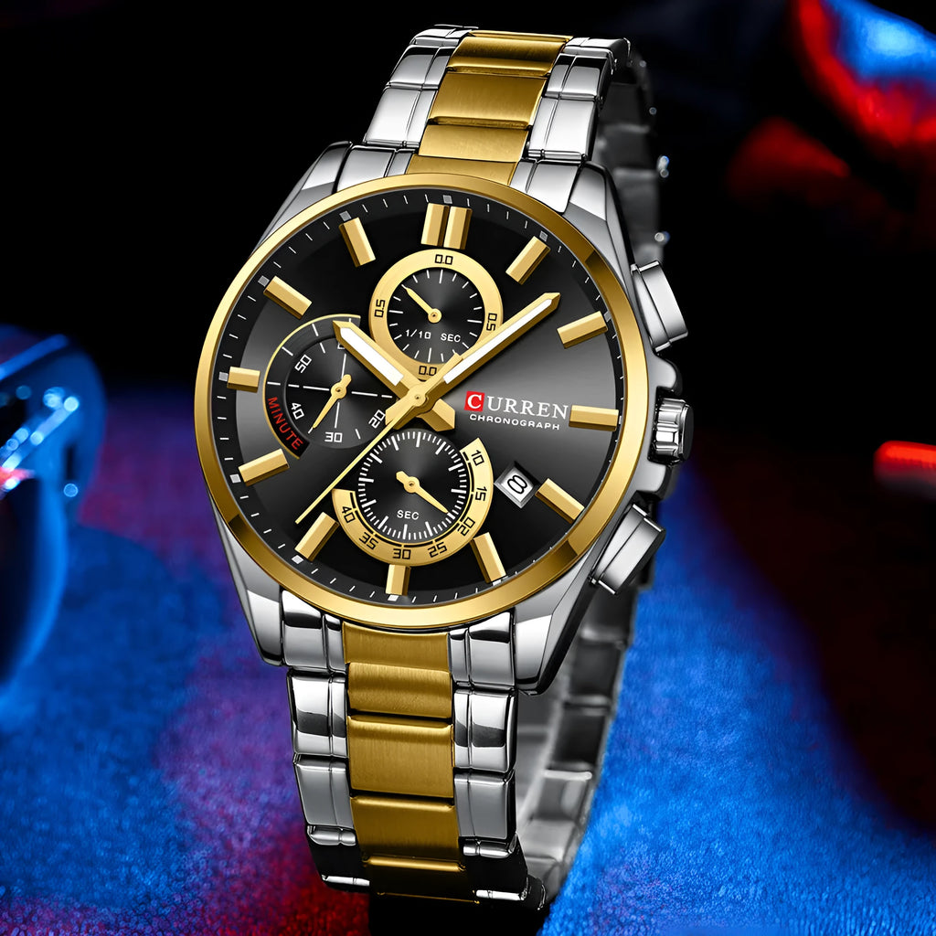 Men's stainless steel strap watch with black dial, alloy case, single folding buckle, six-pin timing, waterproof
