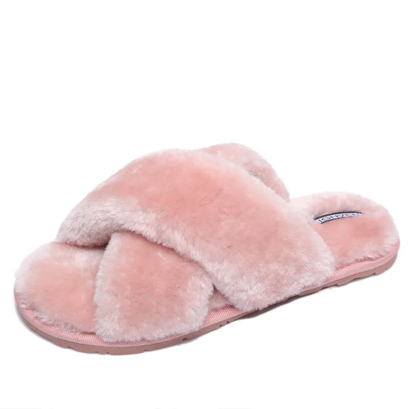 Women's cross open-toe fur slippers in black with anti-slip patterned sole
