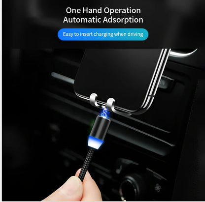 YBD 1m black magnetic LED charging cable with three-in-one plugs for iPhone and Android, showing N52 magnet connection