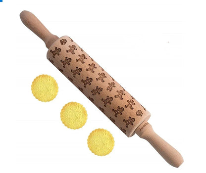 Wooden Christmas embossing rolling pin with non-stick surface for festive baking