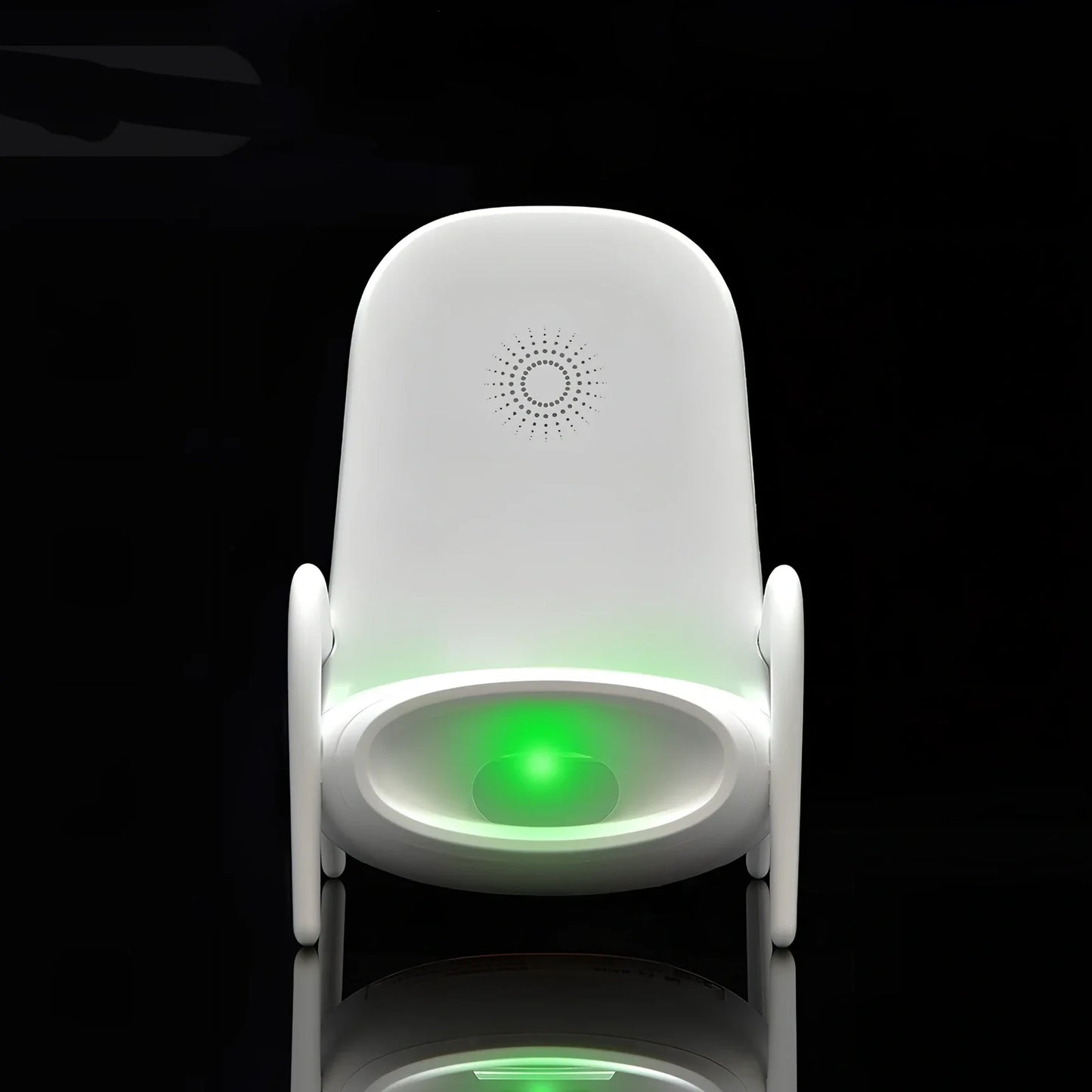 Black amplified wireless charger with bracket, 9.8 x 9.8 x 14.2 cm, for phone charging and audio boost