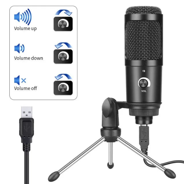 Black USB condenser microphone for laptop and computer recording with knob volume control