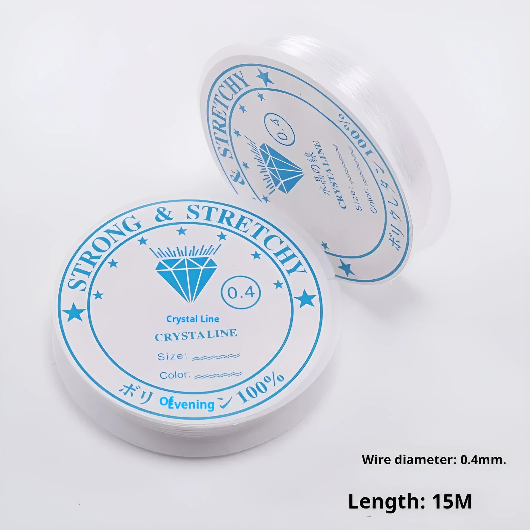 Transparent white elastic fishing line reel for DIY jewellery making in multiple diameters.