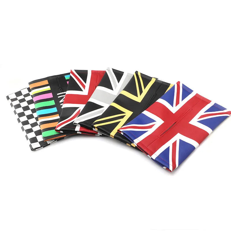 Mini car tissue box British Union Flag design leather tissue bag 18cm by 27cm black and white plaid