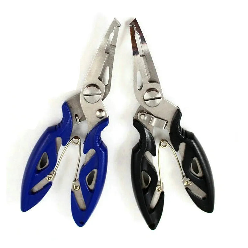 Stainless steel curved nose fishing pliers in black with cover on white background