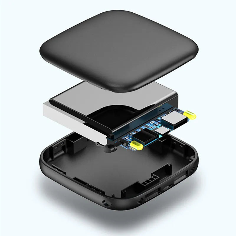 Portable 10000mAh power bank with multi-USB ports in black, white, blue, and pink colours