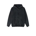 Men's dark green hooded cardigan sweater with a double zipper and fleece lining.