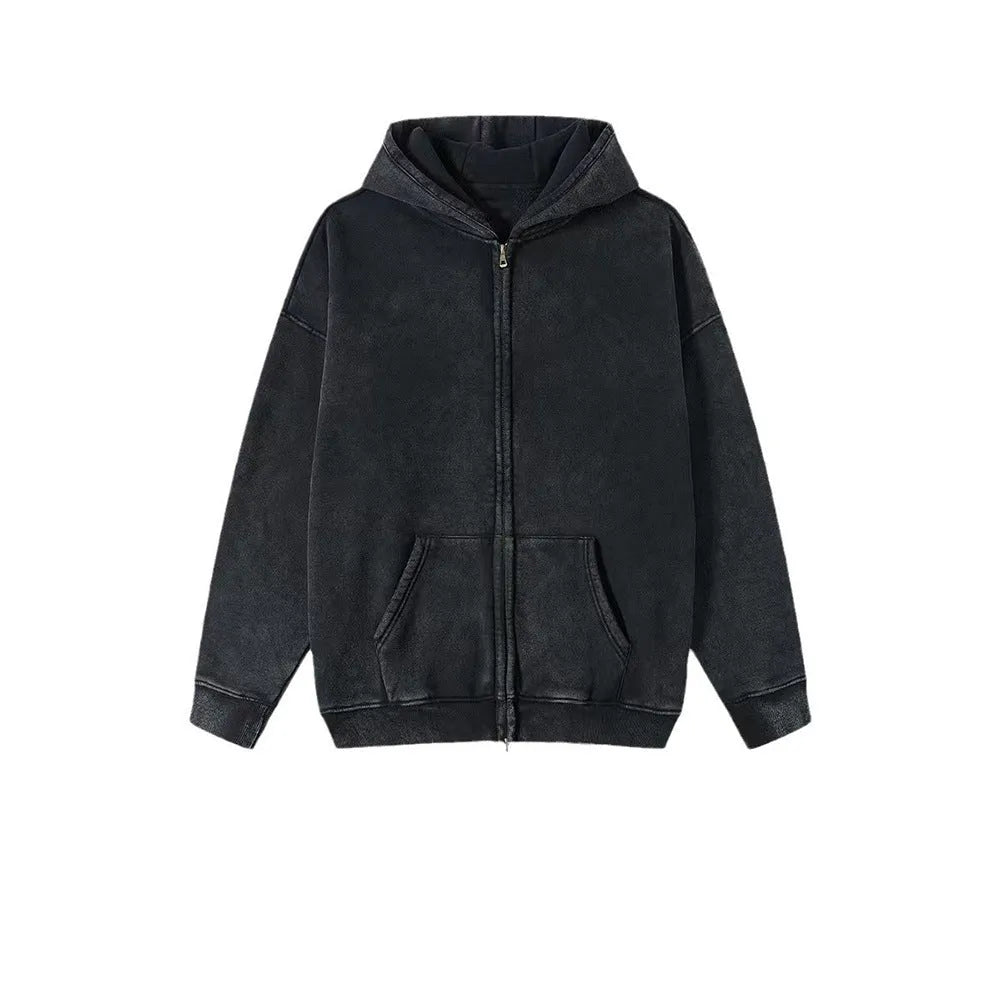 Men's dark green hooded cardigan sweater with a double zipper and fleece lining.