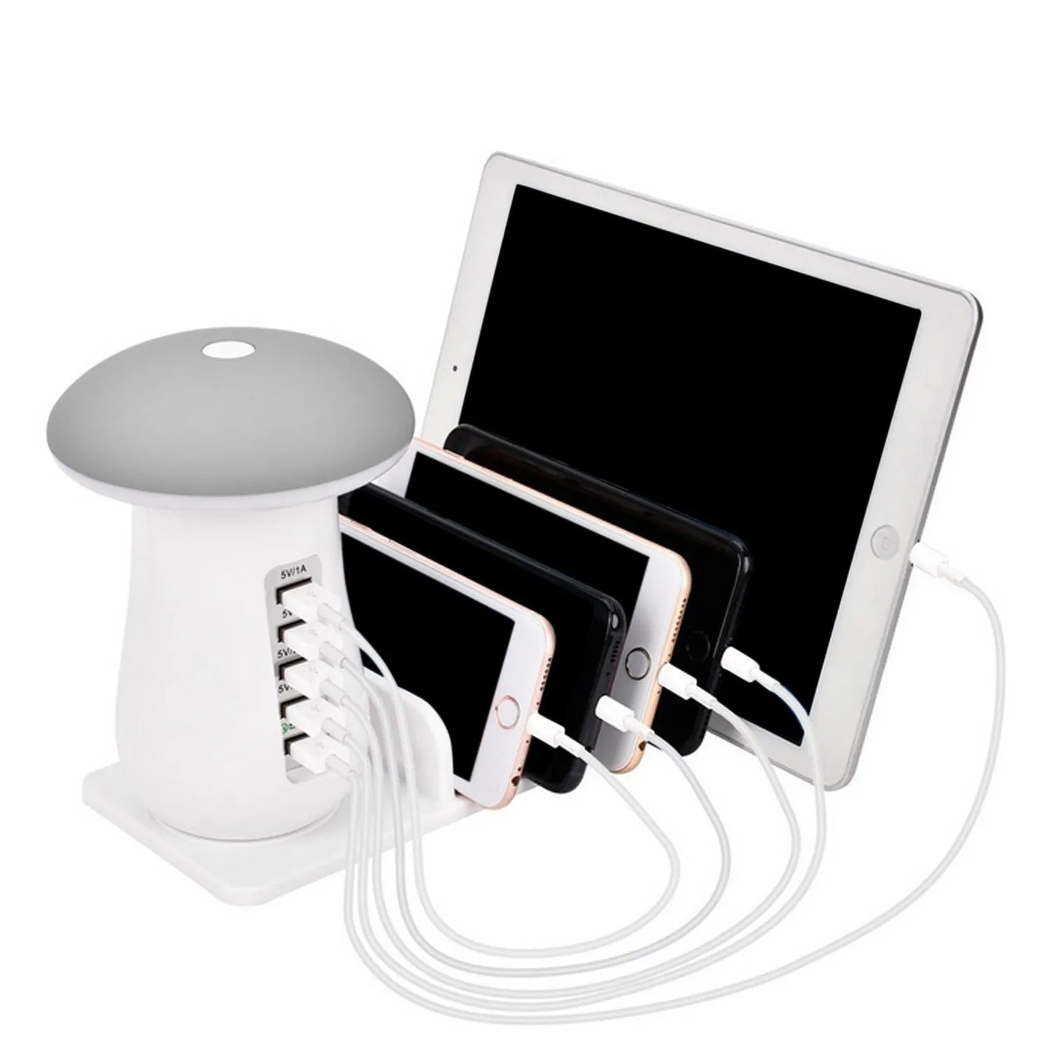 White mushroom-shaped 5-port USB charging dock station with glowing LED night lamp on a desk