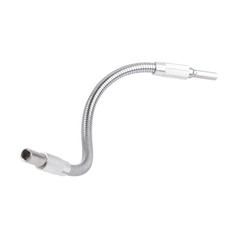 Silver metal flexible shaft extension for cordless drills with 6.35mm shank, shown in various lengths.