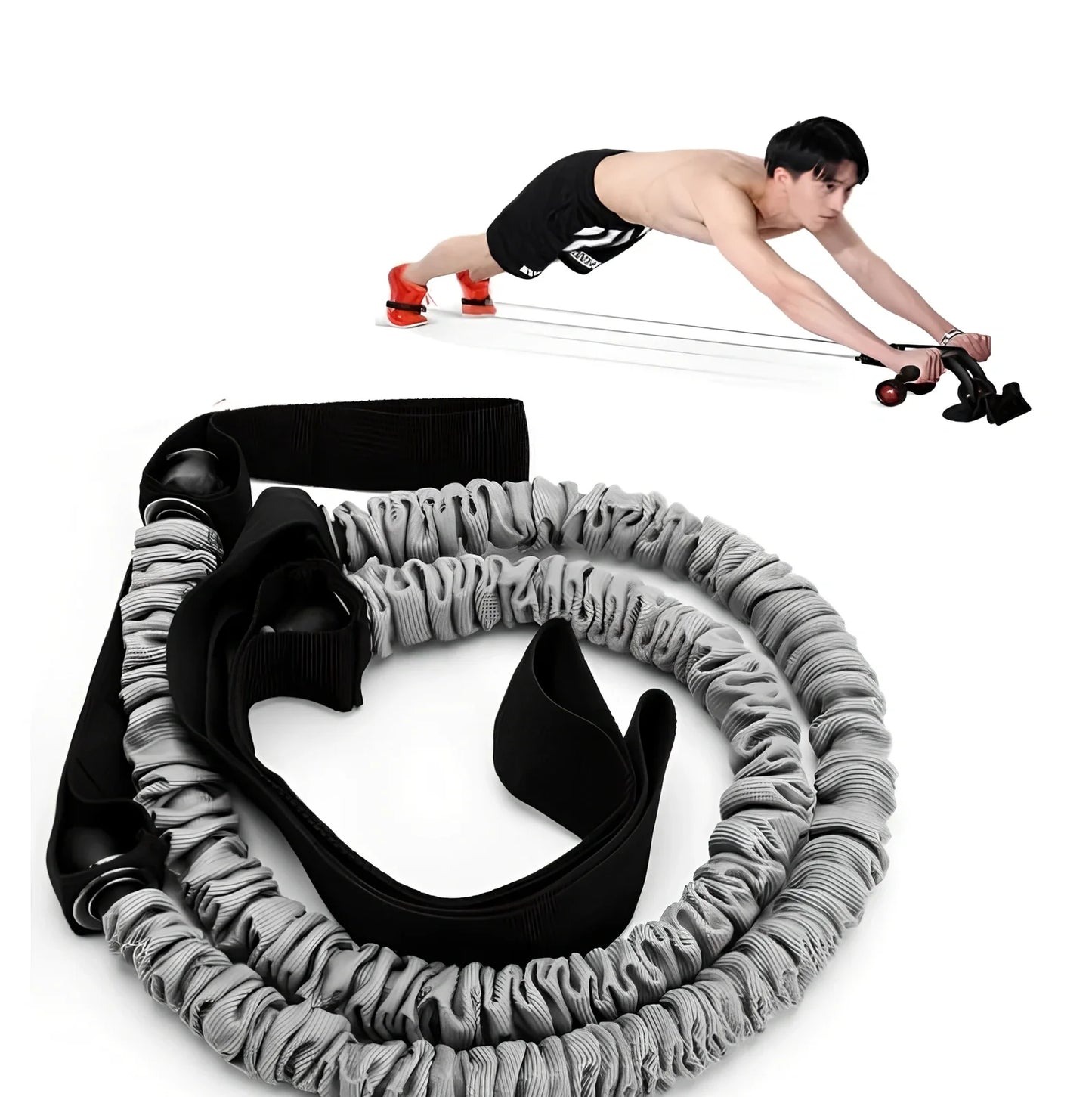 Blue latex abdominal wheel auxiliary pull rope extended to 100cm with rings for handle and foot attachment