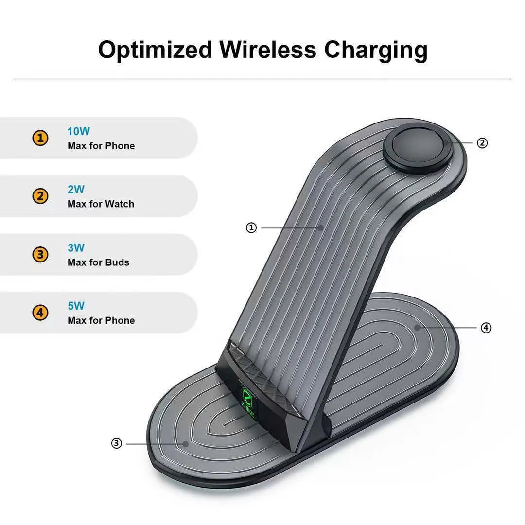 Black four-in-one wireless charger station for iPhone iWatch headset with 20W fast charging and USB cable adapter