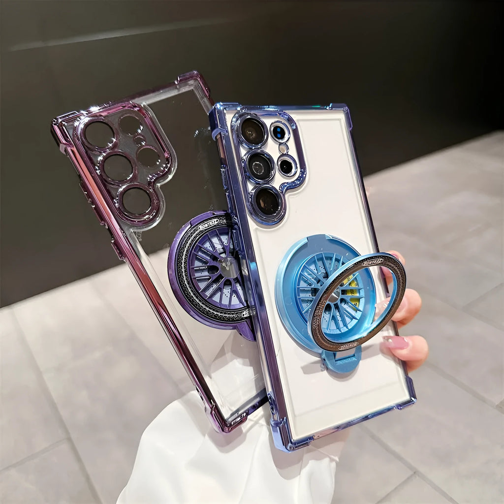 Samsung S23 phone case with electroplated finish, rotating gyro bracket, and magnetic suction in cool black colour