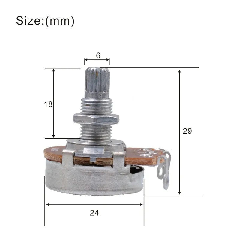 A single metal potentiometer knob for electric guitar tone or volume control.