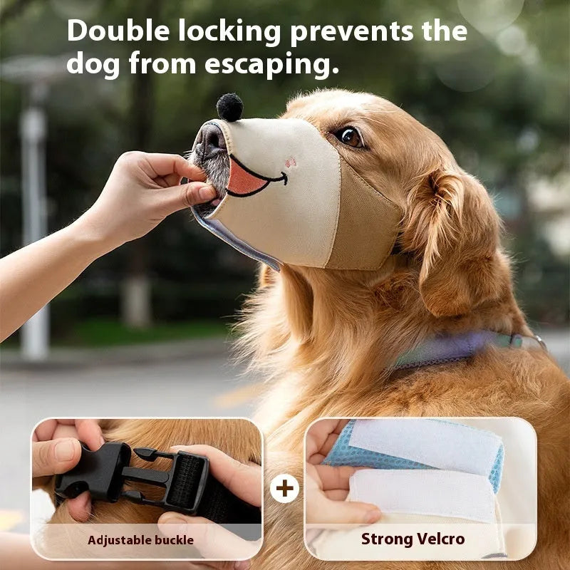 Canvas dog muzzle cover in Ollie Brown Bear and Bondi Blue Shark colours, shown in sizes S, M, L, XL.