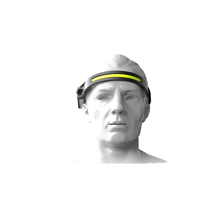 Black silicone USB-rechargeable headlamp with a wide COB LED lens and a side wave sensor.