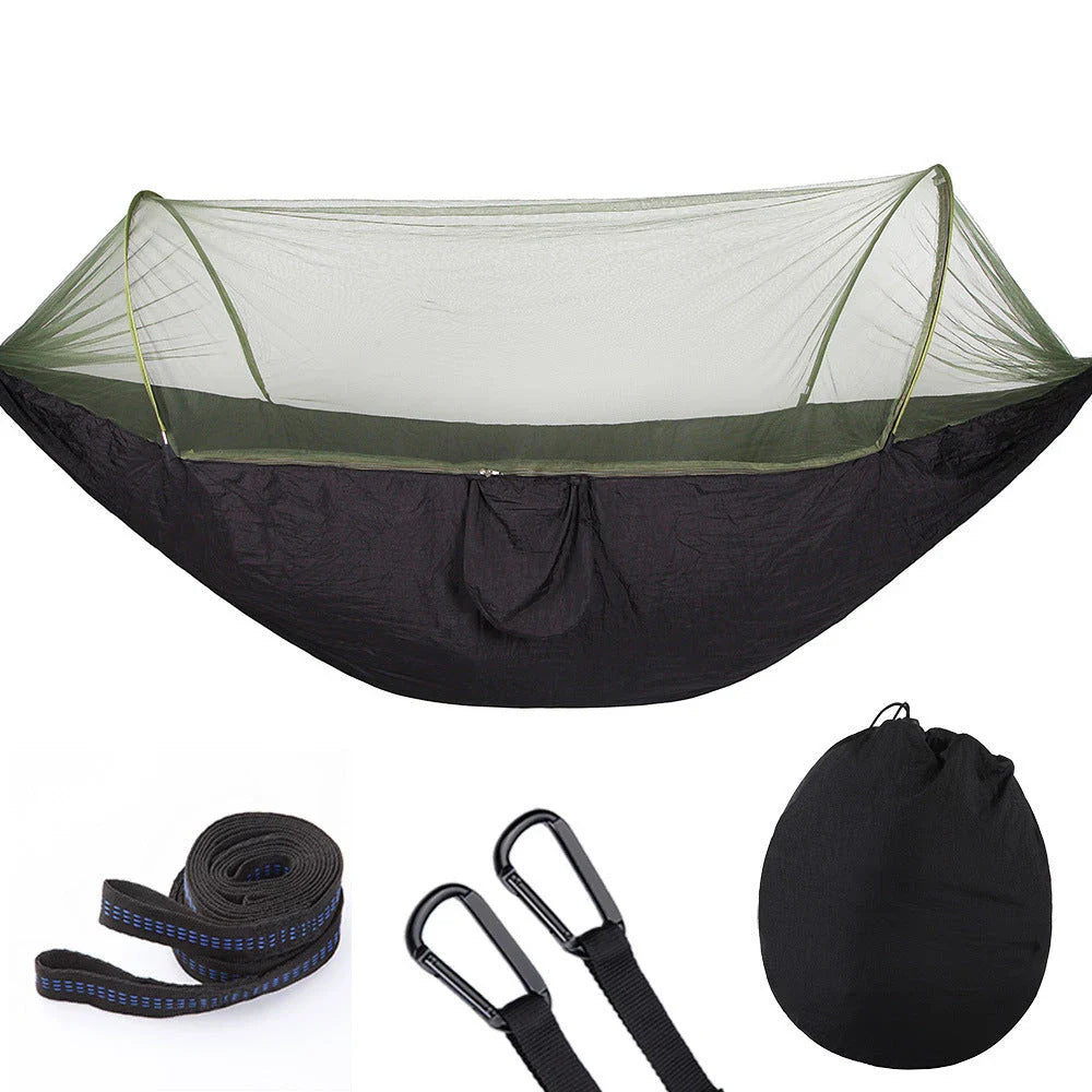 Cozy outdoor hammock with quick pop-up mosquito net, perfect for camping, hiking, and backyard relaxation