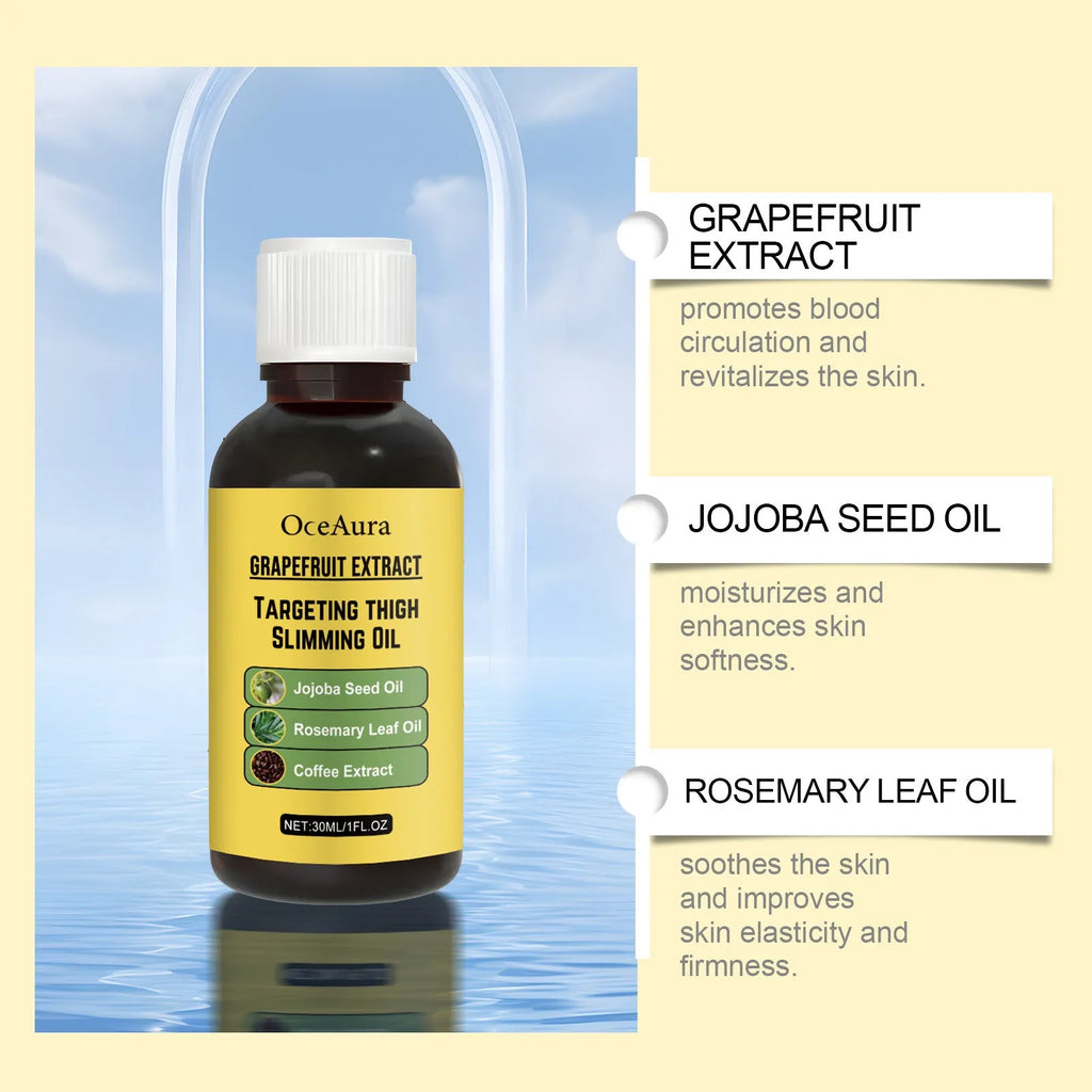 30ml bottle of body treatment oil with grapefruit, jojoba and rosemary extracts