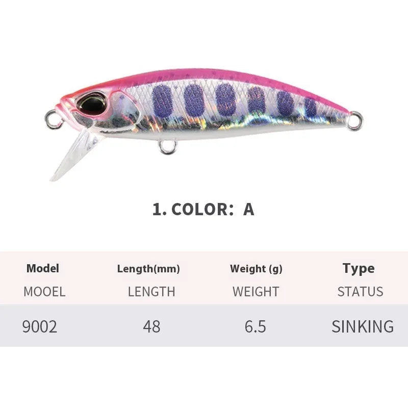 Tossing brand 48mm submerged minnow fishing lure in one of 14 colour variants for mandarin fish and snakehead.