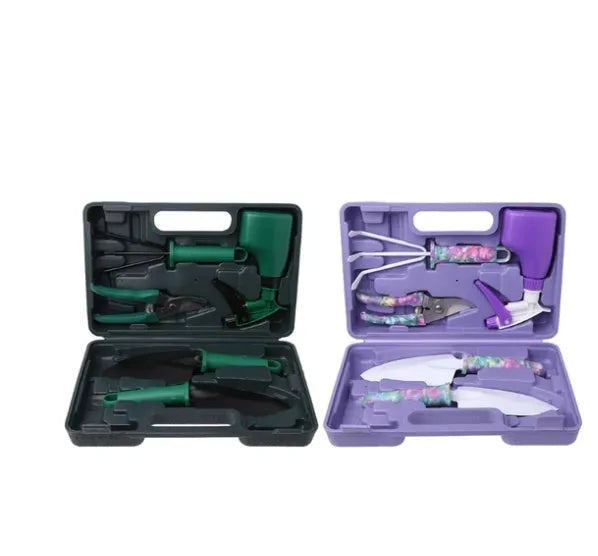 Camouflage 5 piece garden tool set with stainless steel shovel, rake, pruning shears, spray bottle, and plastic case in green and purple