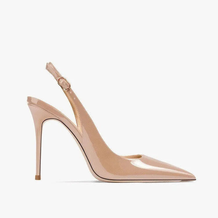Women's nude high-heeled sandals with an ankle strap and hollow-out design on a soft PU upper.