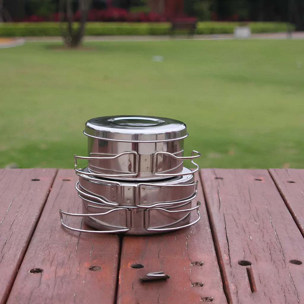 Silver stainless steel camping cookware pot set with 4 pieces including pot and pan for outdoor cooking