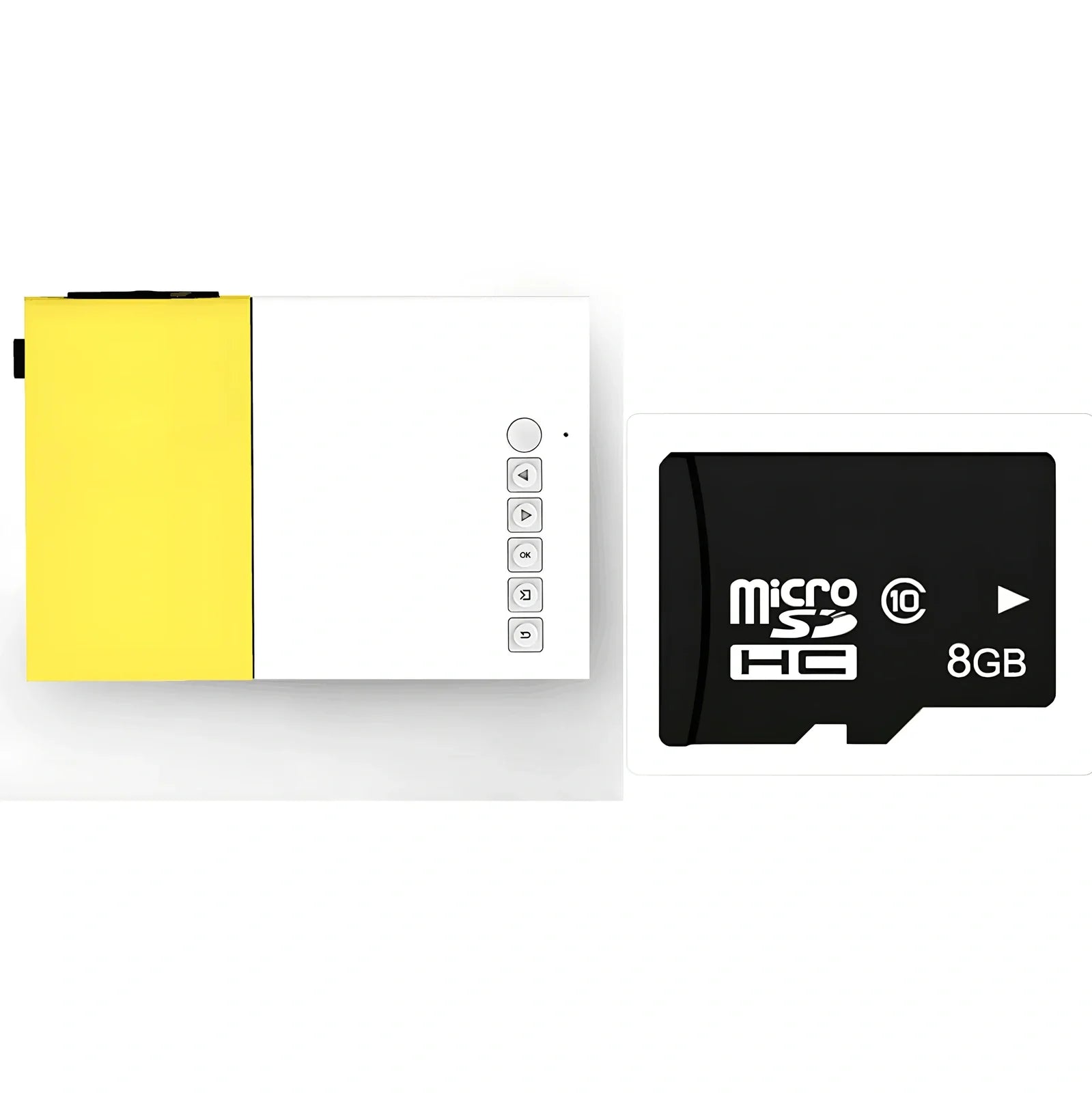 Yellow 1080P LED mini projector with HDMI ports, projecting 80-inch image from 1.2m distance