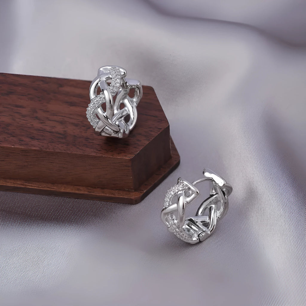 Micro zircon stud earrings with woven twisted gold design real gold plating on copper geometric shape