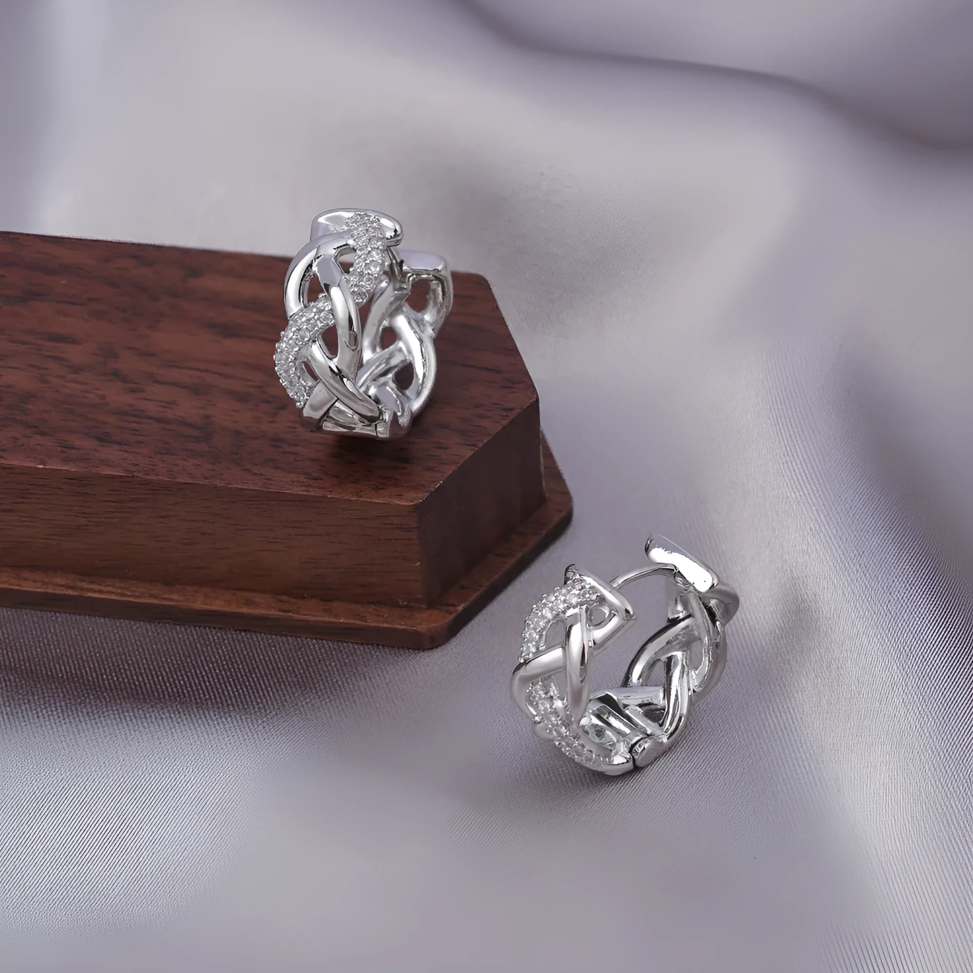 Micro zircon stud earrings with woven twisted gold design real gold plating on copper geometric shape