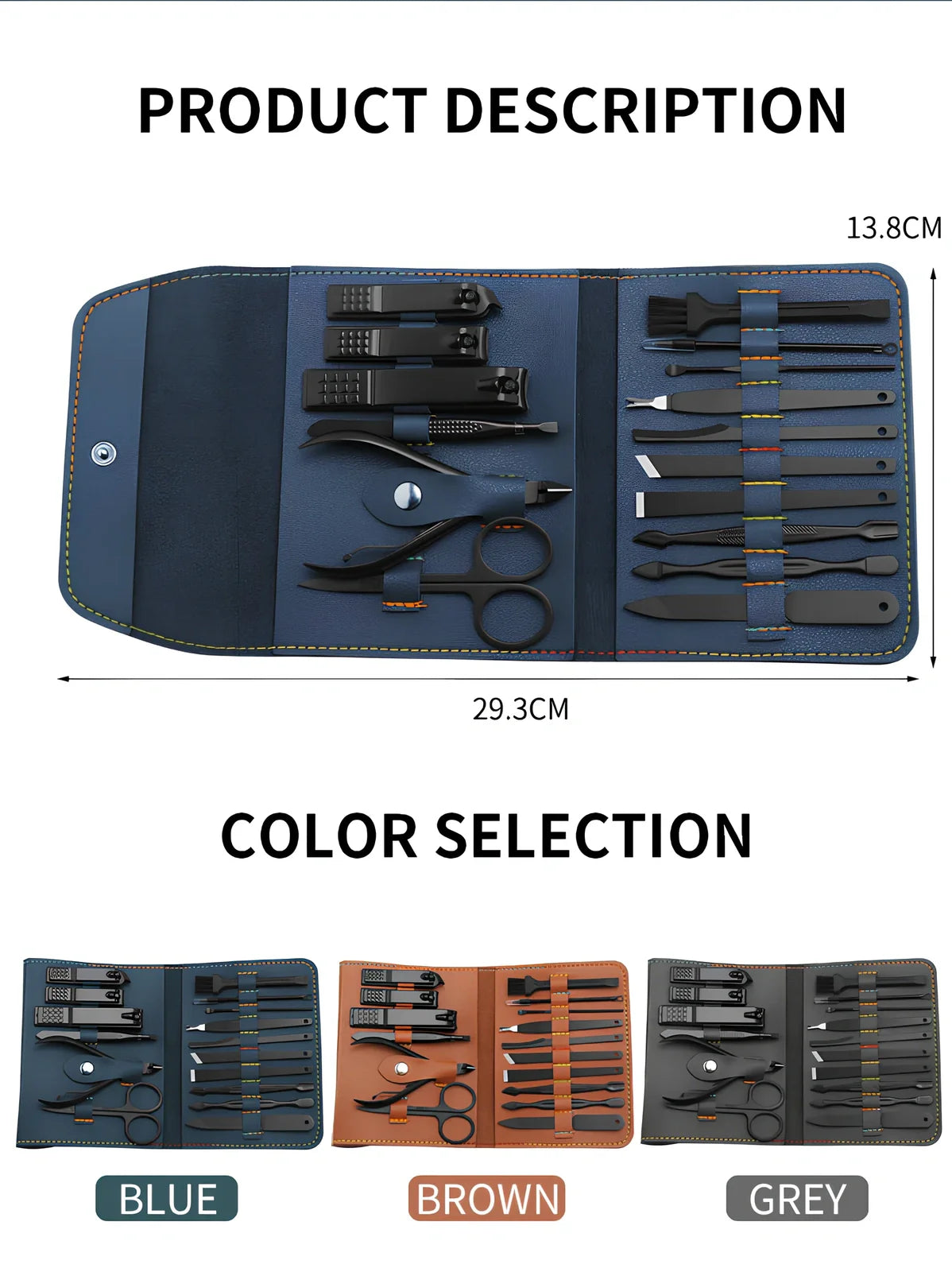 16-piece stainless steel manicure pedicure grooming kit in brown PU leather case with nail clippers and tools