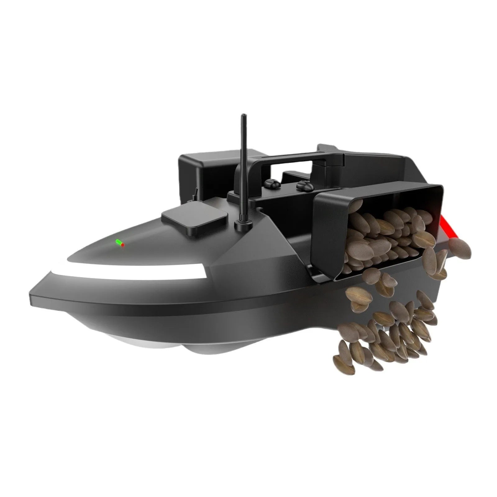 Black and luminous yellow remote control GPS fishing boat with antenna and LED light on open water.