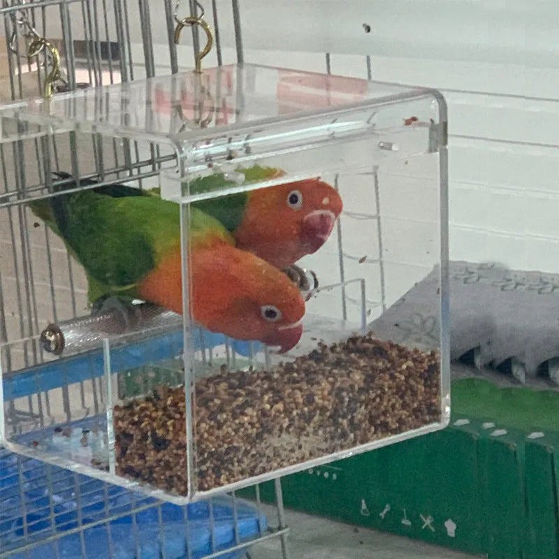 Clear acrylic bird feeder food box for parrots, non-toxic, small size 13x11x13cm