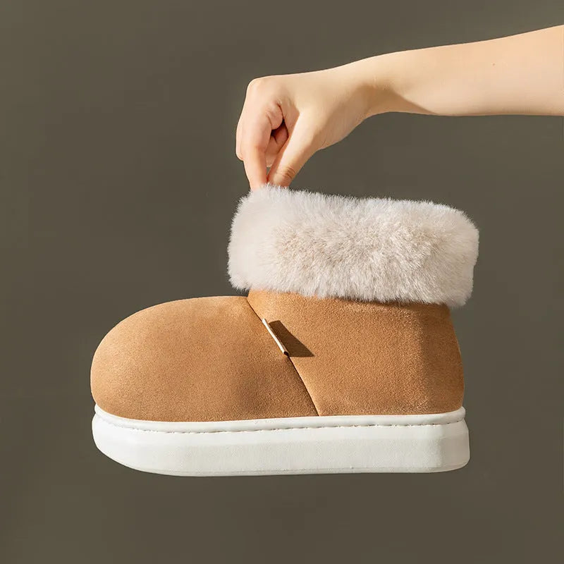 Beige women's winter ankle boots with plush upper, thick EVA sole, and round toe