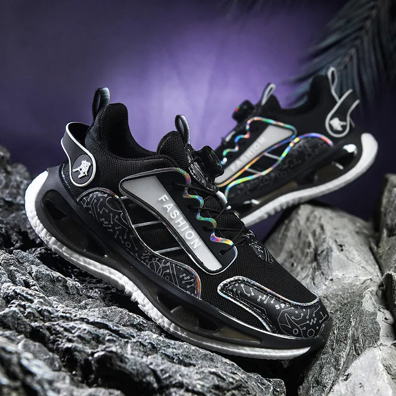Men's low-top black mesh sports shoes with elastic band closure and a textured non-slip sole.