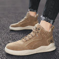 High-top board shoe in khaki with non-slip sole, mesh lining, low heel, round toe, trendy Korean casual style