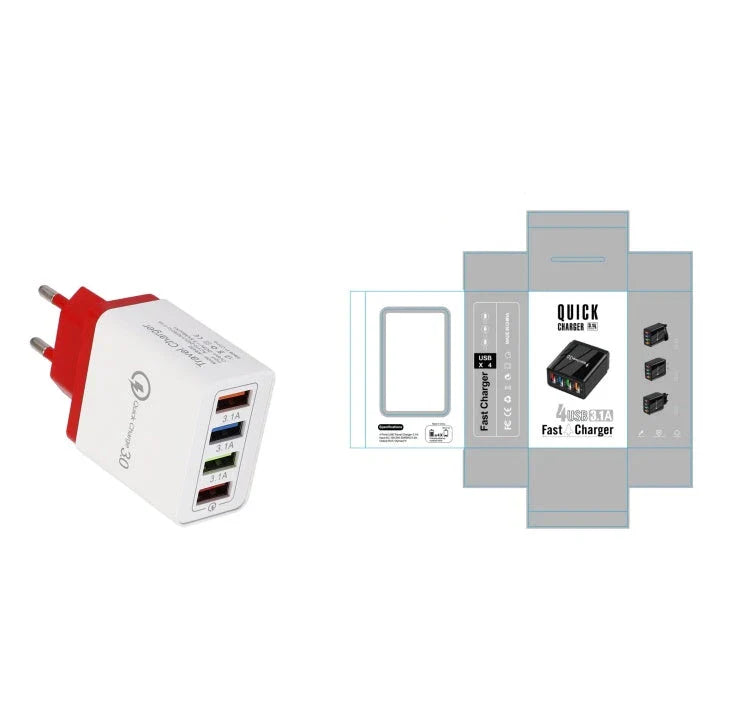 Powerful USB wall charger with Quick Charge 3.0 and 4 charging ports for fast, convenient device charging