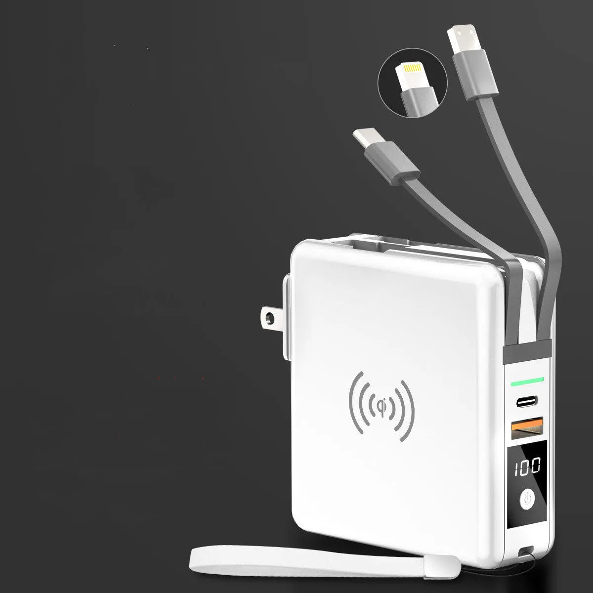 Black Super QI wireless power bank with integrated international plug adapters showing PD20W fast charging port.