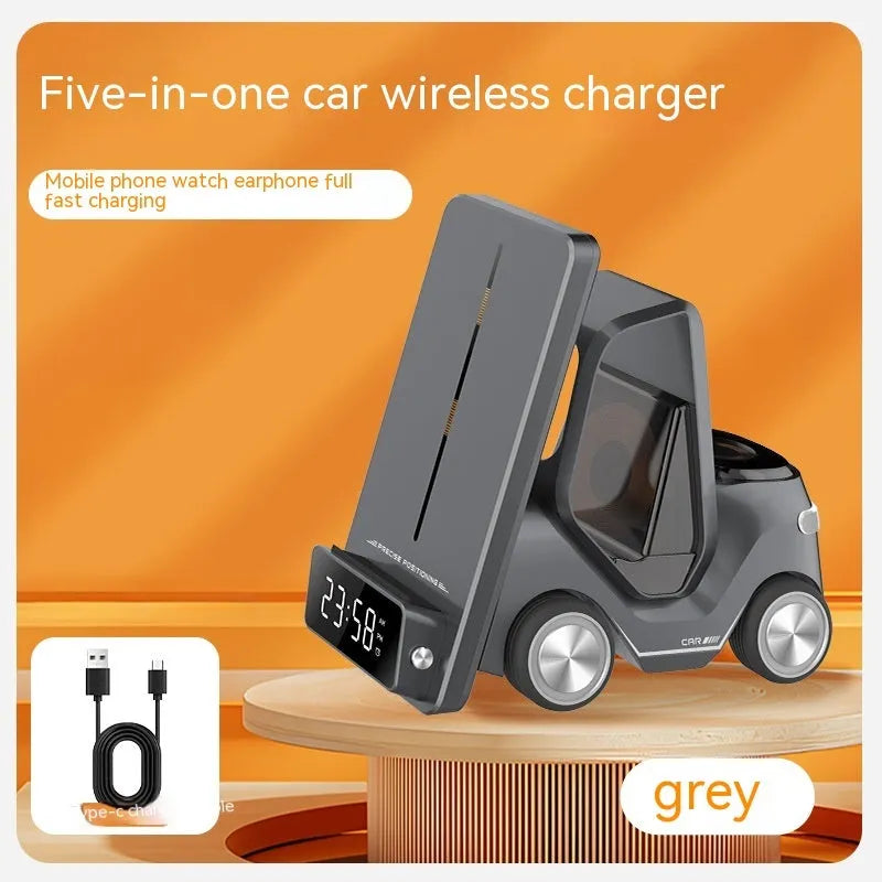 15W three-in-one wireless charging stand in grey, holding a phone, earbuds, and a smartwatch.