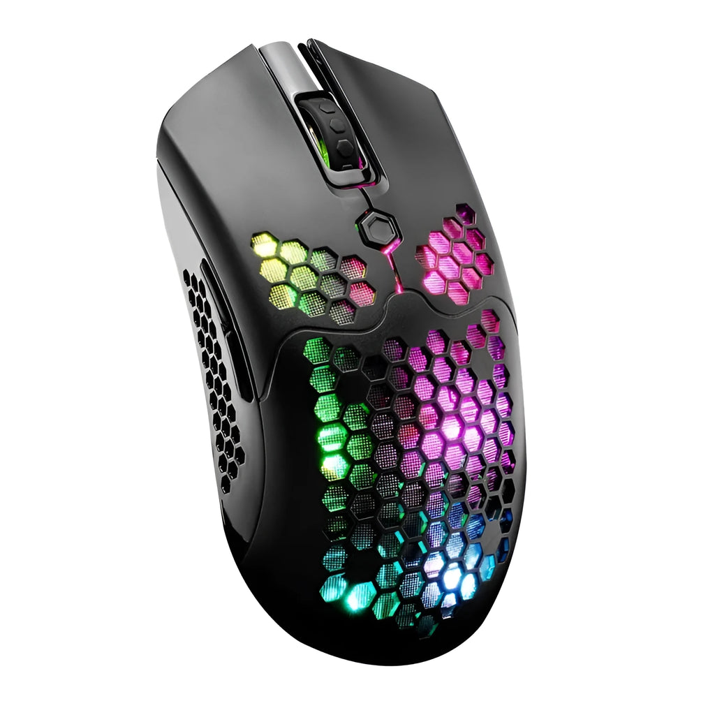 Free Wolf X2 wireless gaming mouse in selected colour with RGB lighting on a desk.