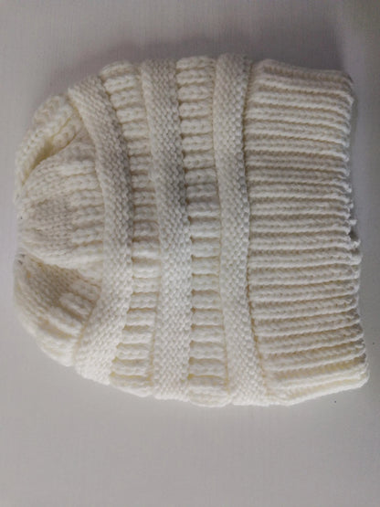 Mixed colour knitted wool hat for ladies with ponytail opening, available in various colours