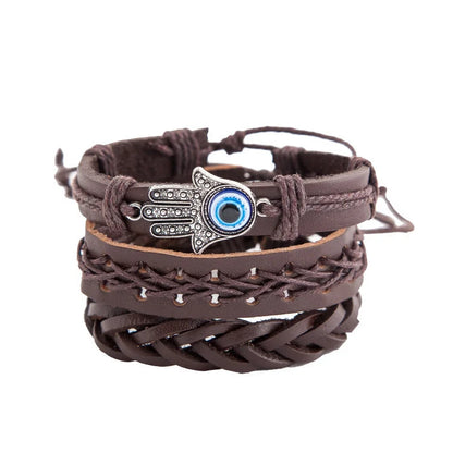 Adjustable cowhide leather men's bracelet with alloy details and PU braid