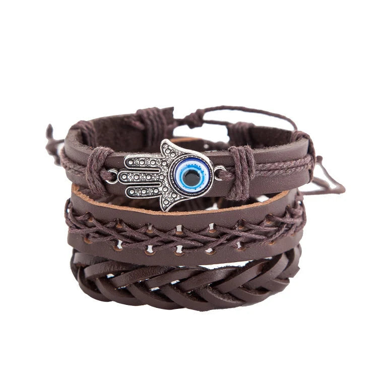 Adjustable cowhide leather men's bracelet with alloy details and PU braid