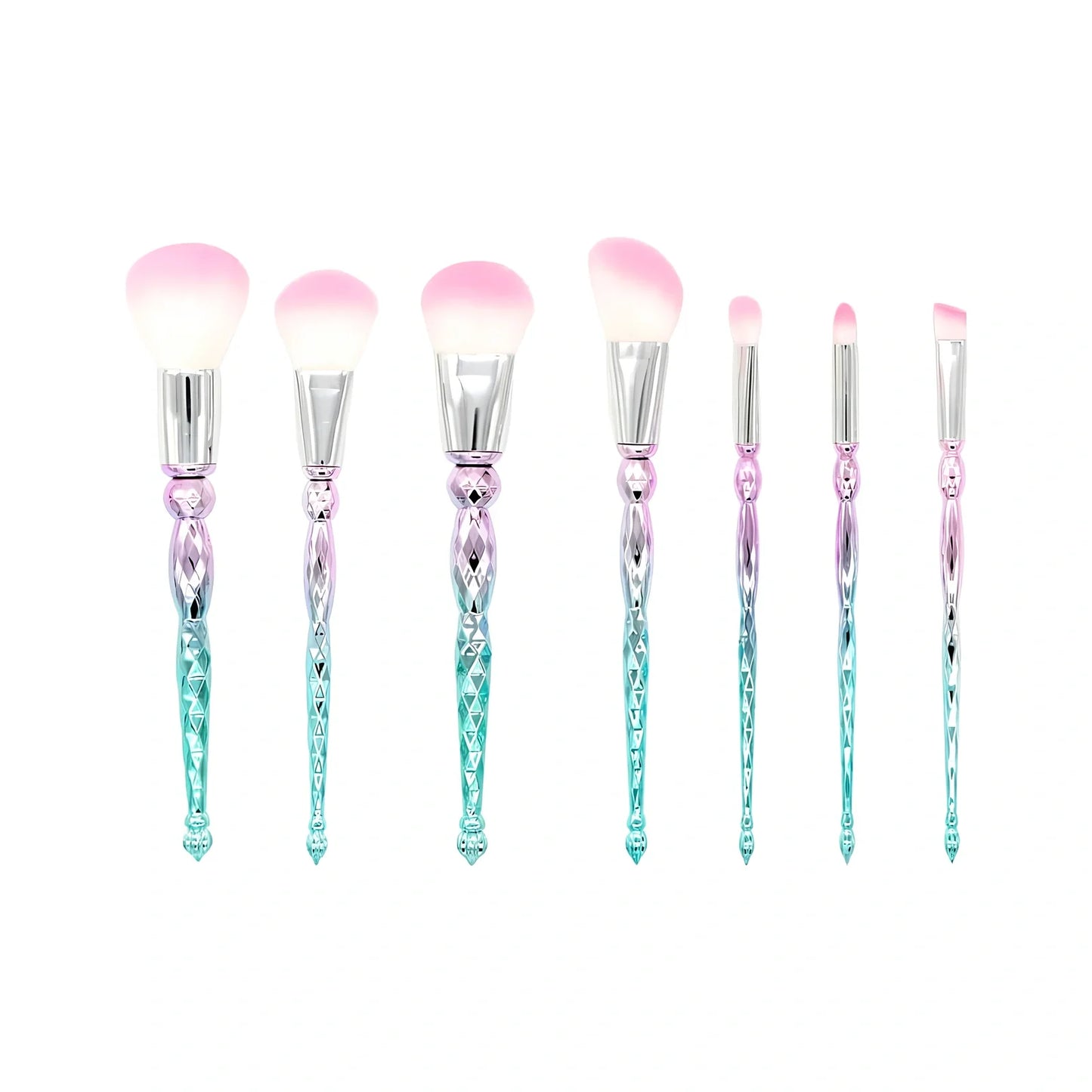 Green 7-piece makeup brush set with rayon hair in 20cm diamond tower, portable plastic handles for organised storage