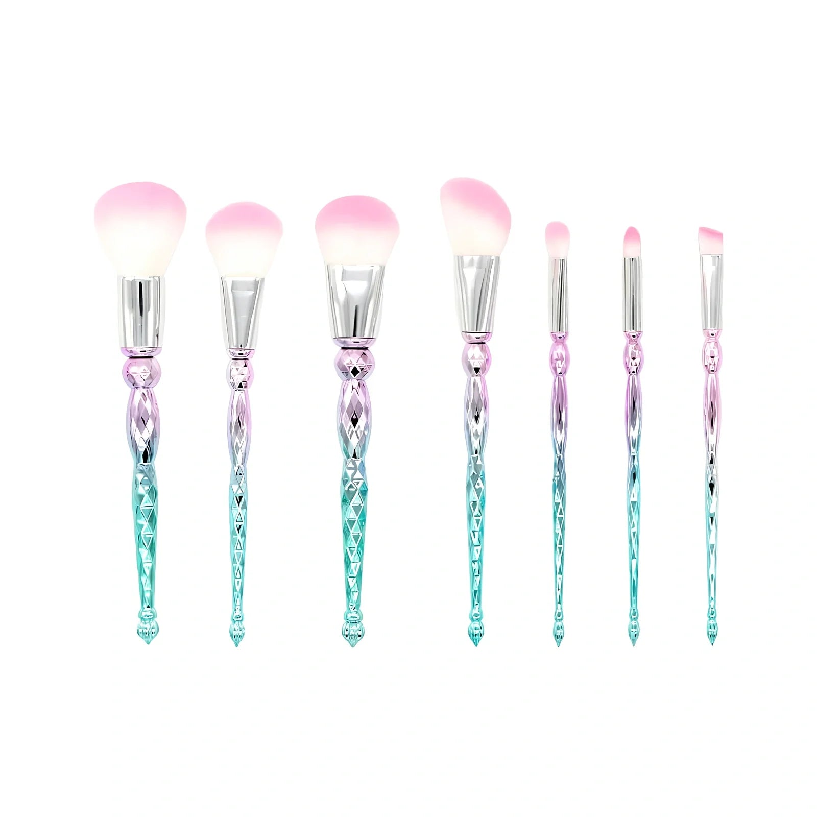 Green 7-piece makeup brush set with rayon hair in 20cm diamond tower, portable plastic handles for organised storage