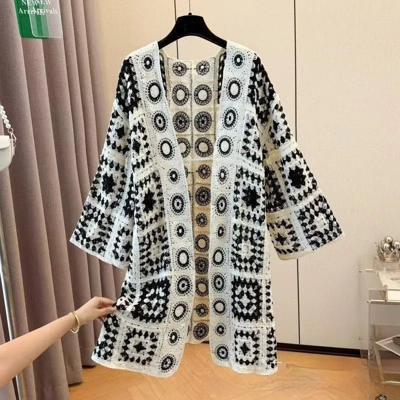 Ladies' loose embroidered thin knit cotton cardigan in black, open front, one size