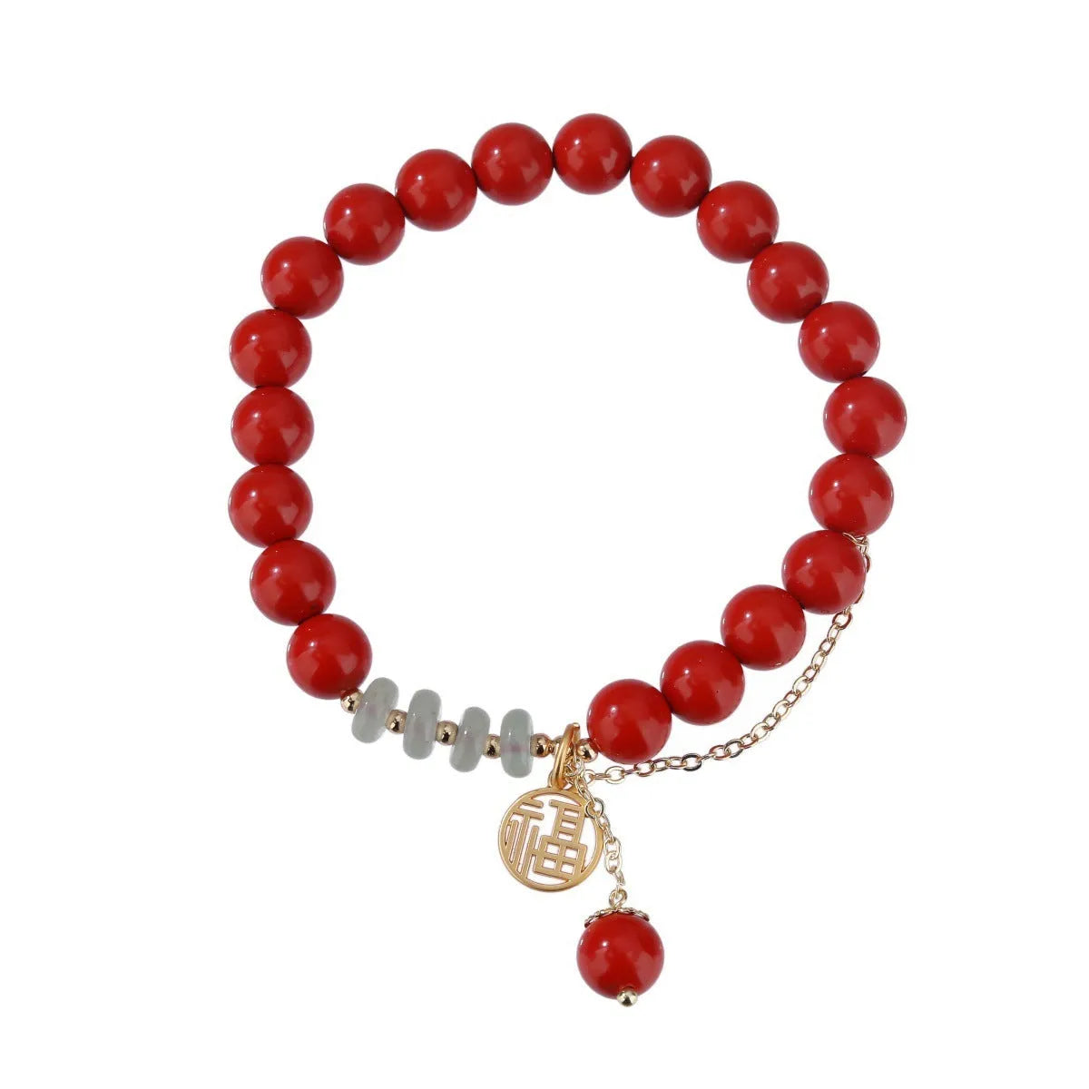 Women's retro bracelet with red sand cinnabar, jade spacer beads, and fu character charm